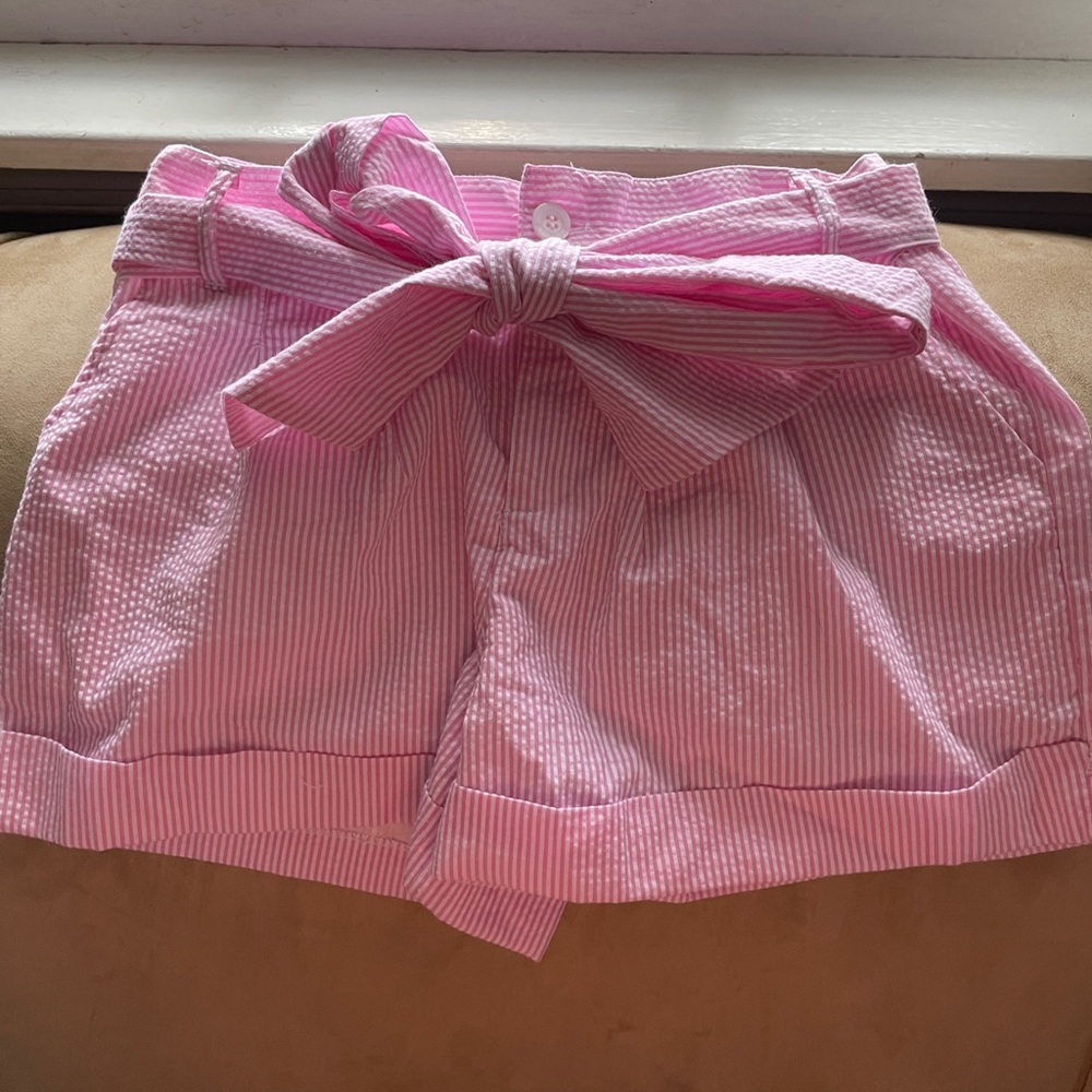 Pink seer sucker tie shorts.